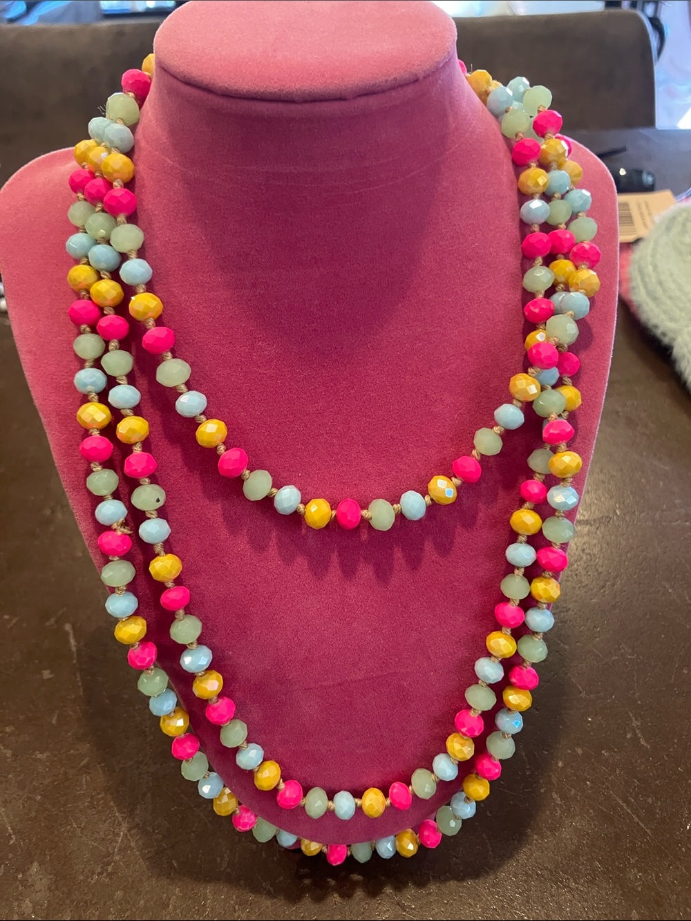 Multicolor Beaded Layered Necklace - Bright Pink, Aqua & Yellow